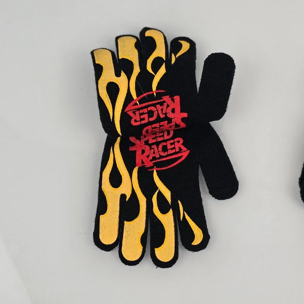 Speed Racer Kid Small Adult Knit Stretch Gloves Mach 5 Race Car Flame Black VTG